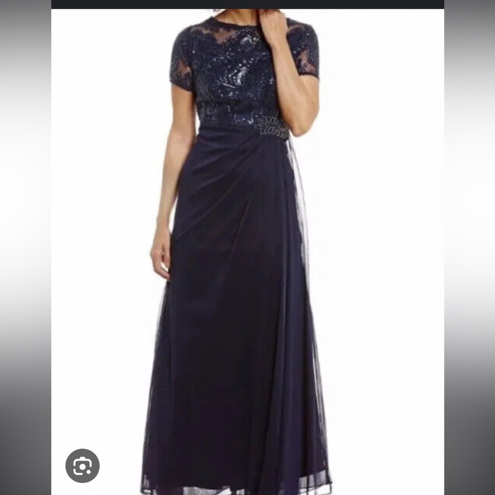 NWT Alex Evenings Navy Sequin and Mesh Draped Gown